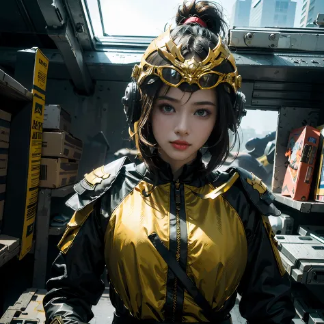 in a panoramic view，photorealestic，cyber punk style，Blue sky, Fly a sci-fi plane，A military base at the foot of the modern Great Wall，3girl，Wear black Chinese high-tech clothing，Dressed in gorgeous gold Chinese high-tech armor，Wearing a gold high-tech helm...