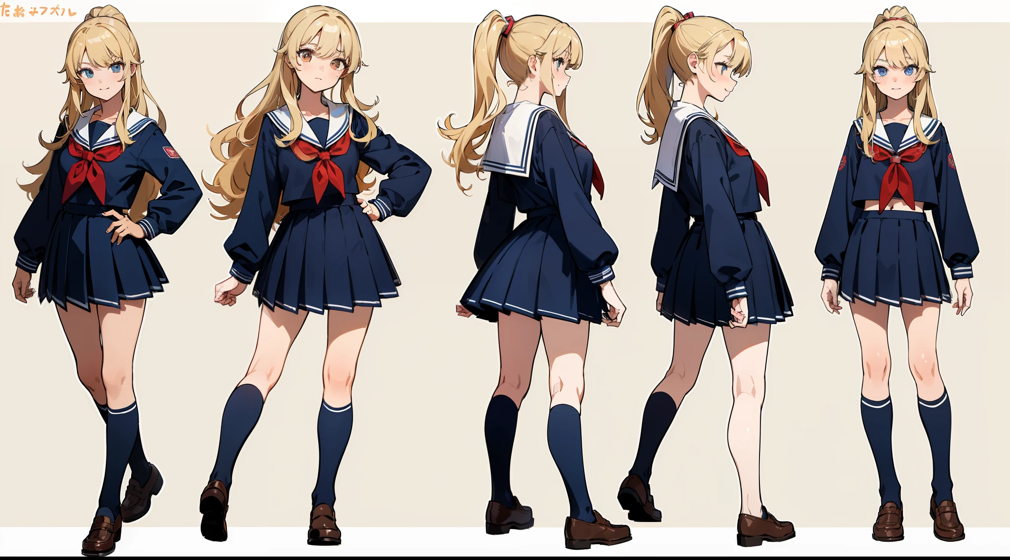 ((Masterpiece, highest quality)), detailed face, character sheet, Full body, full of details, multiple poses and expressions, highly detailed, depth, many parts, 1girls, school uniform, seifuku, sailor uniform, long sleeves, ponytail, wavy hair, tanned skin, blond hair, happy, smug