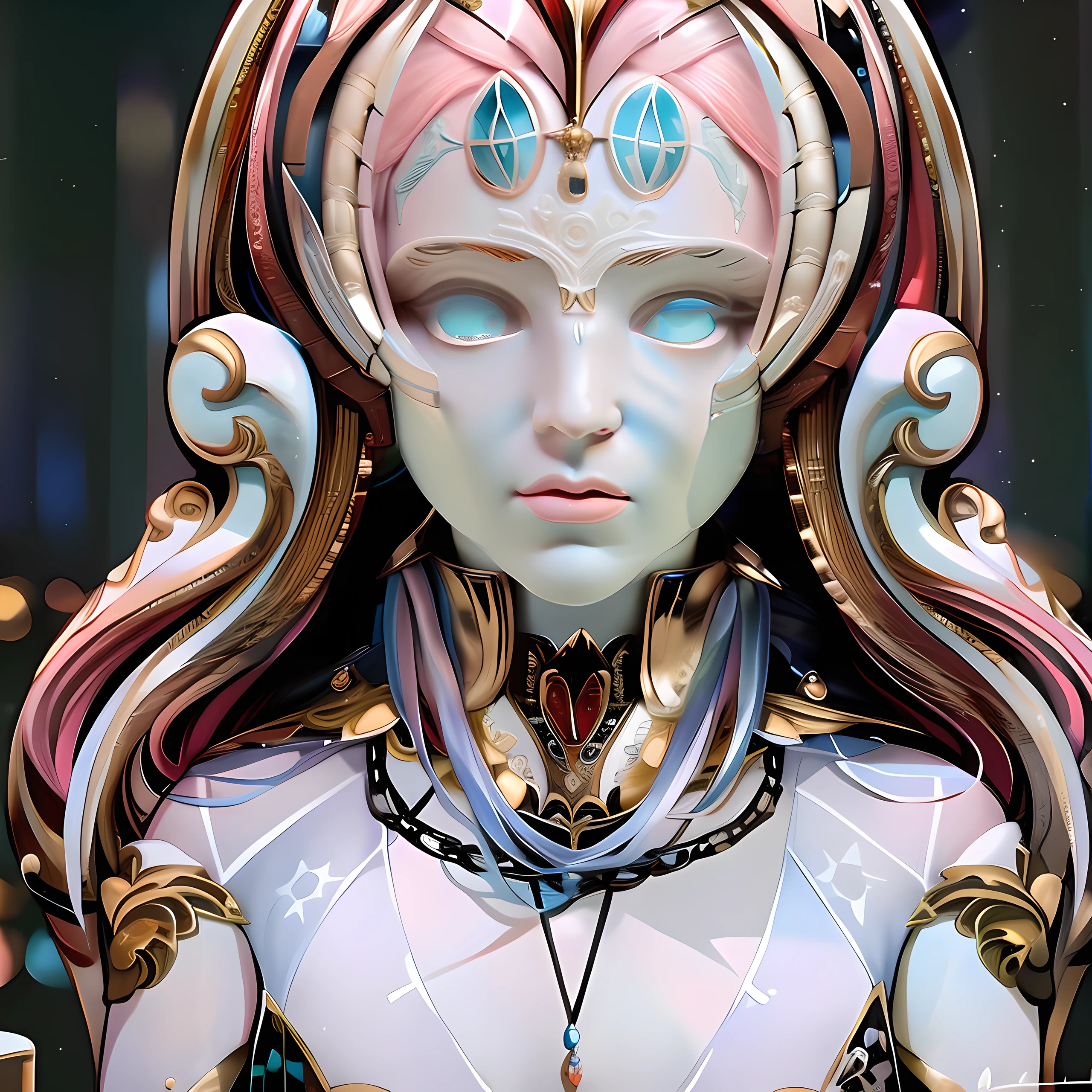 a hyperdetailed photographic portrait of a female android (((symmetrical))), that is sculpted in detail in a fused almalgam of these materials, white marble, fine porcelain, ivory and rose gold, that has a female baby face with androgynous facial features, has a baroque aesthetic design and wears art deco clothing with green eyes.