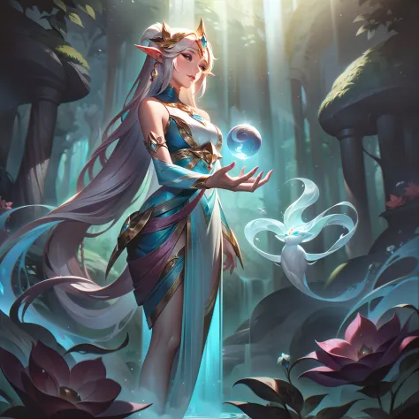 In the base skin's captivating splash art, Ekyzia, The Devotee of Aelrindel, stands amid the mystical groves of Verdano, the hea...