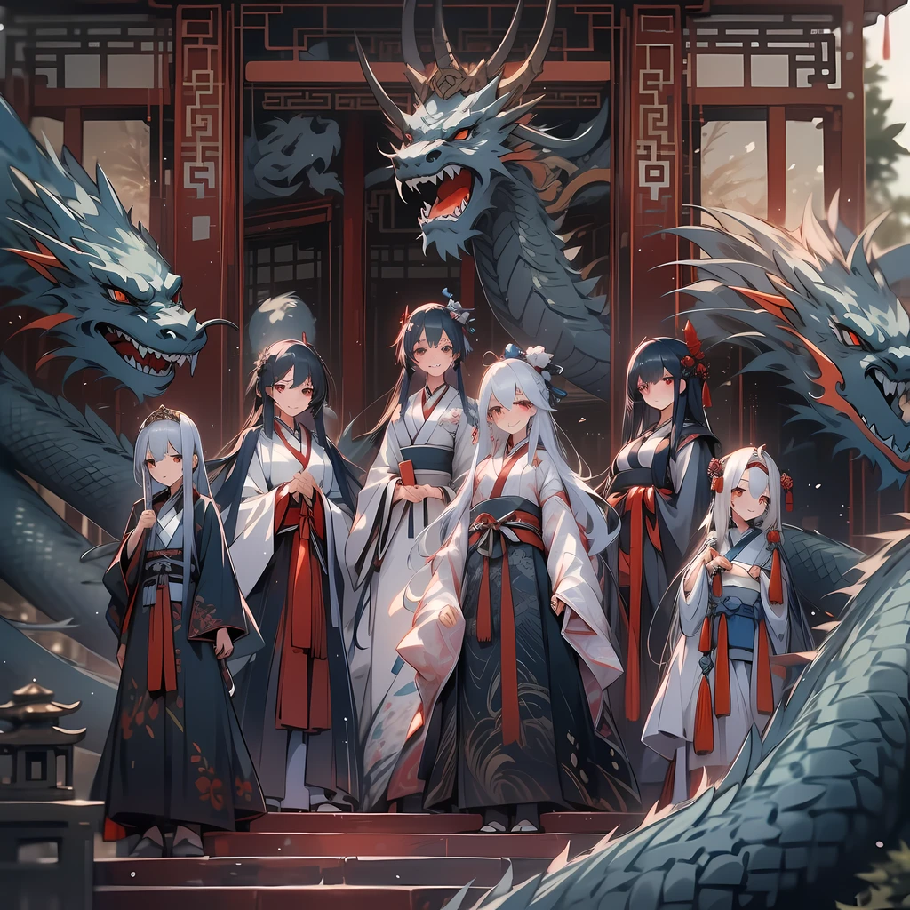 A group of women，Stand on the ancient Chinese hall，had a gloomy face，prette，gritting teeth，group portraits，Wearing Hanfu，Chinese costumes，cabelos preto e longos，long  white hair，blue long hair，White eyes，red color eyes，Black eyes，ladder，Dragon chair