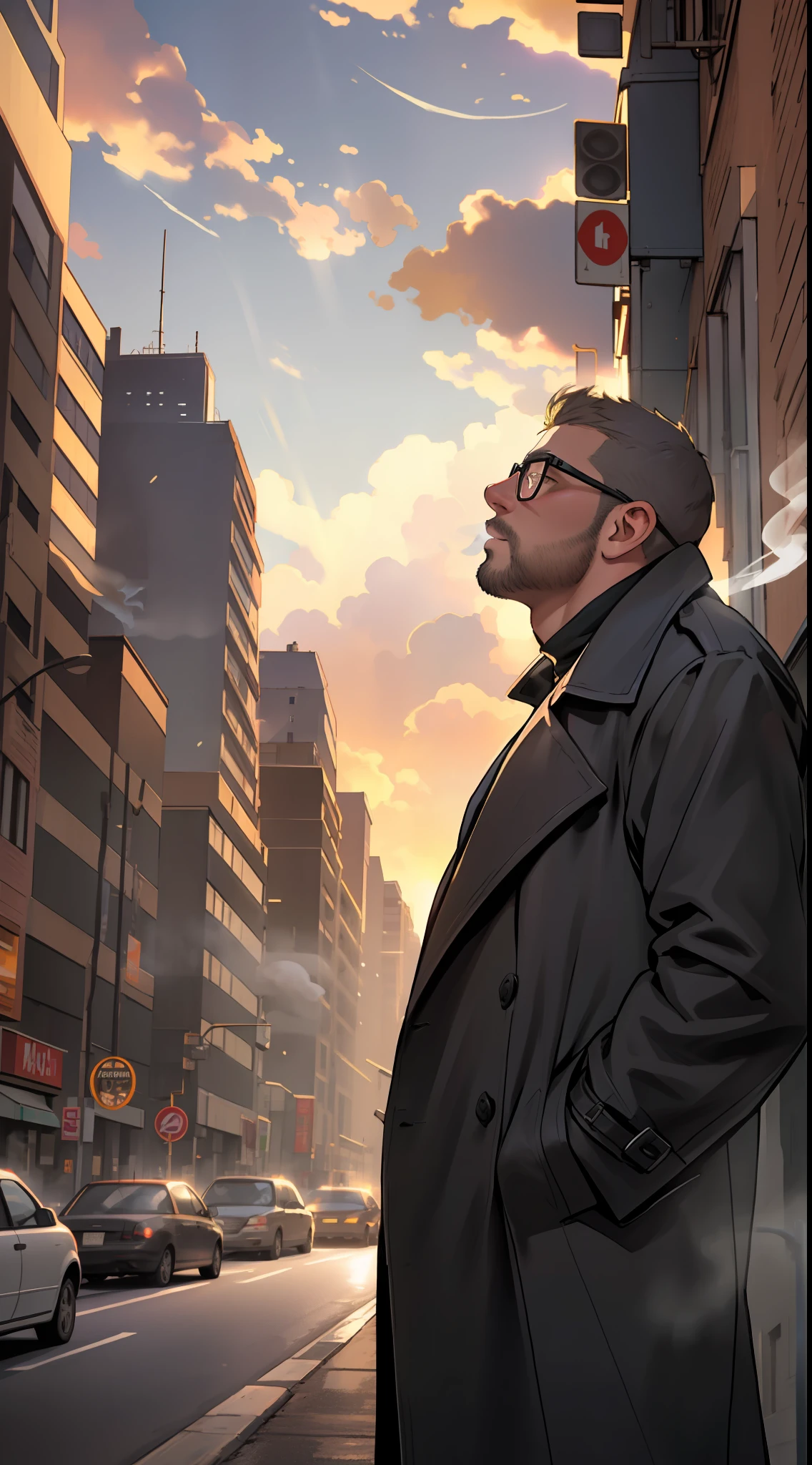 masterpiece, best quality, highres, upper body shot, ((wide angle)), zoom out, middle-aged man, macho, daddy, beefy, burly, hairy, manly, really tall, wearing a smooth silk black trench coat, grey shirt, wearing glasses, standing in the middle of a New York's crossroad, standing in the center of the shot, smoking a cigarette, blowing smoke out from the mouth, looking up to the sky, hands in the pockets, (sunset), afternoon, golden hour, golden sky color, dark buildings in the background, incredible composition, HDR, volumetric lighting, shadows, beam of sunlight shinning on the streets, seen from the side, aesthetic