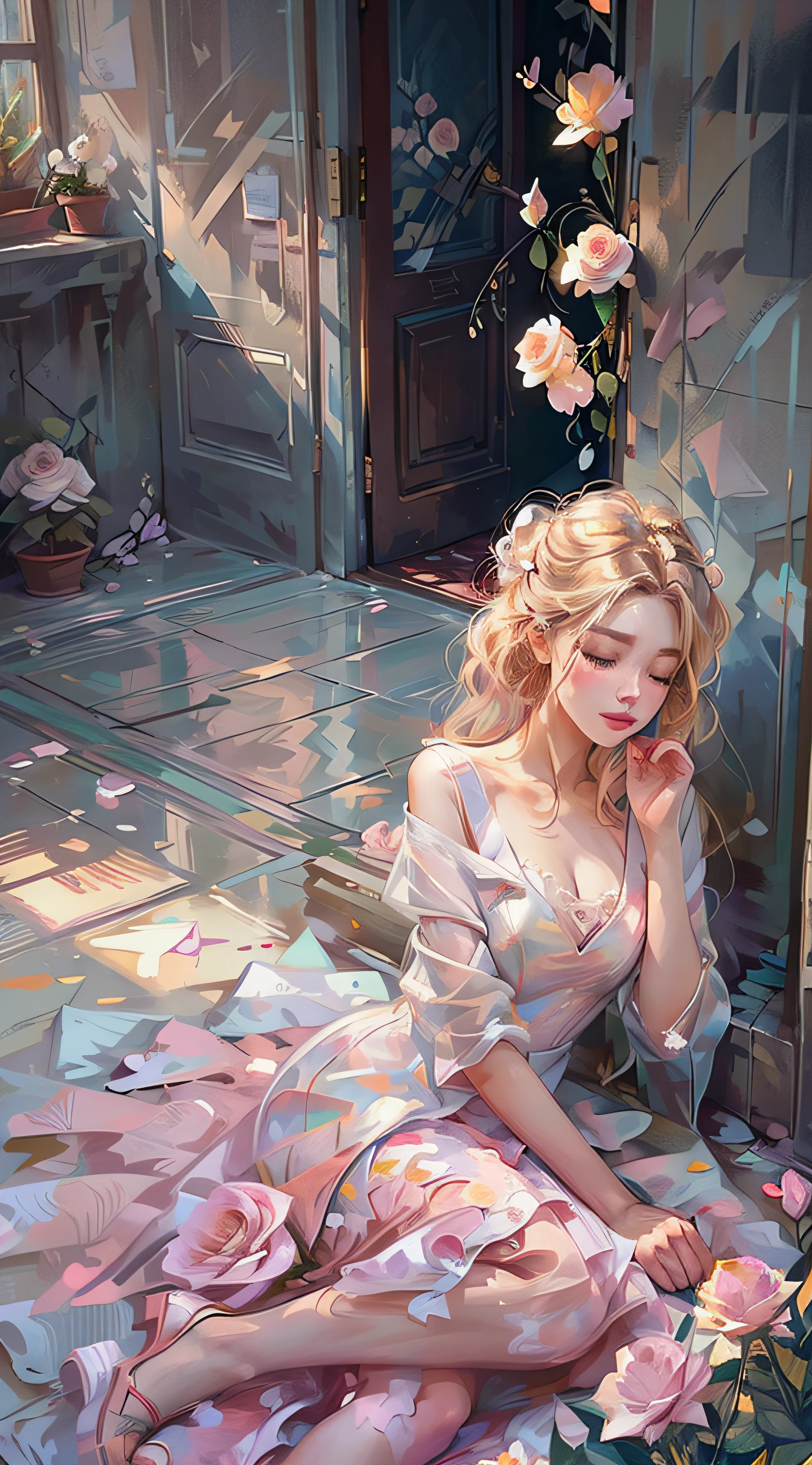 shui001，1girll， Solo exhibition， florals， shift dresses， blond hairbl， Closed eyes， White flowers， rosette， lie， （white dresses）， Pink white rose， On the back， cparted lips， putting makeup on， 无袖， Estampados florales