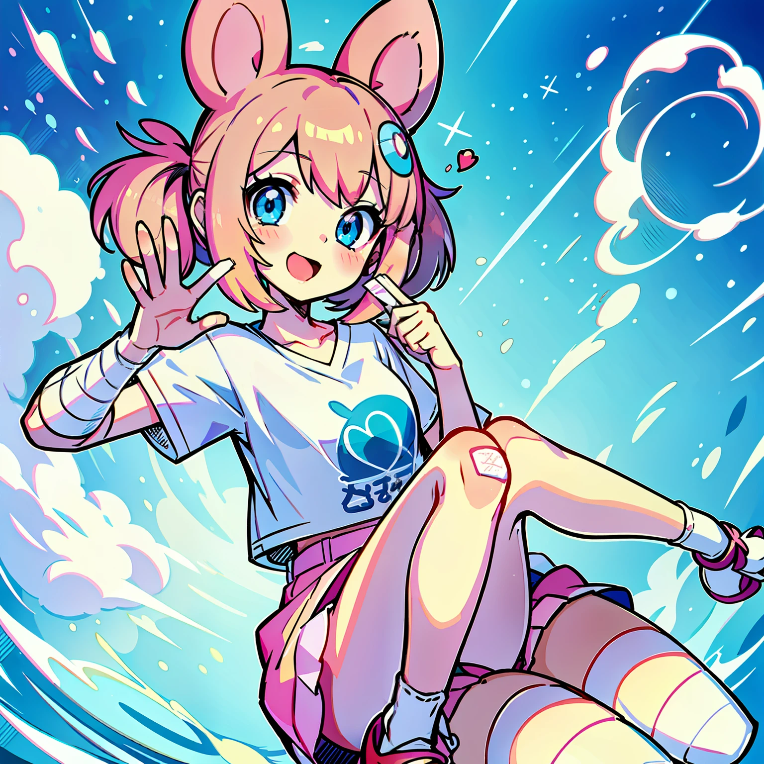 Anime girl assise sur une planche de surf dans l'océan avec un fond  bleu - SeaArt AI