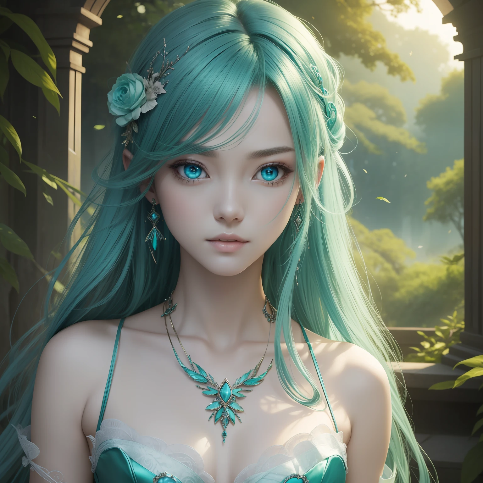 （​masterpiece）8K分辨率、top-quality、Green Fairy、turquoise hair、Ash blue eyes、Hazel eyes、Delicate body、fantasy-inspired