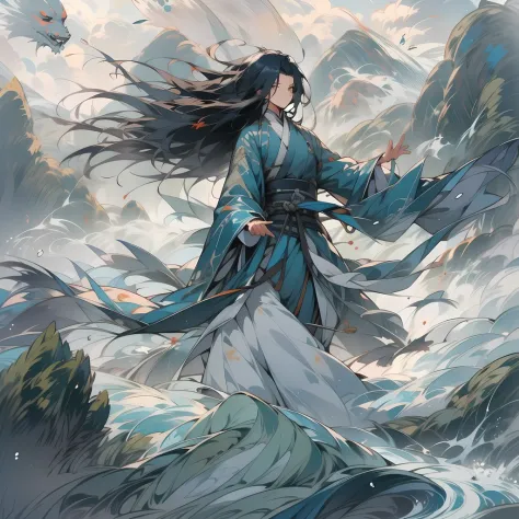 Flying Immortals，Back Shadow，Green water and green mountains，Royal Sword Flight，long hair flowing，surrounded by cloud，Taoist robes and white clothes，No face to see，