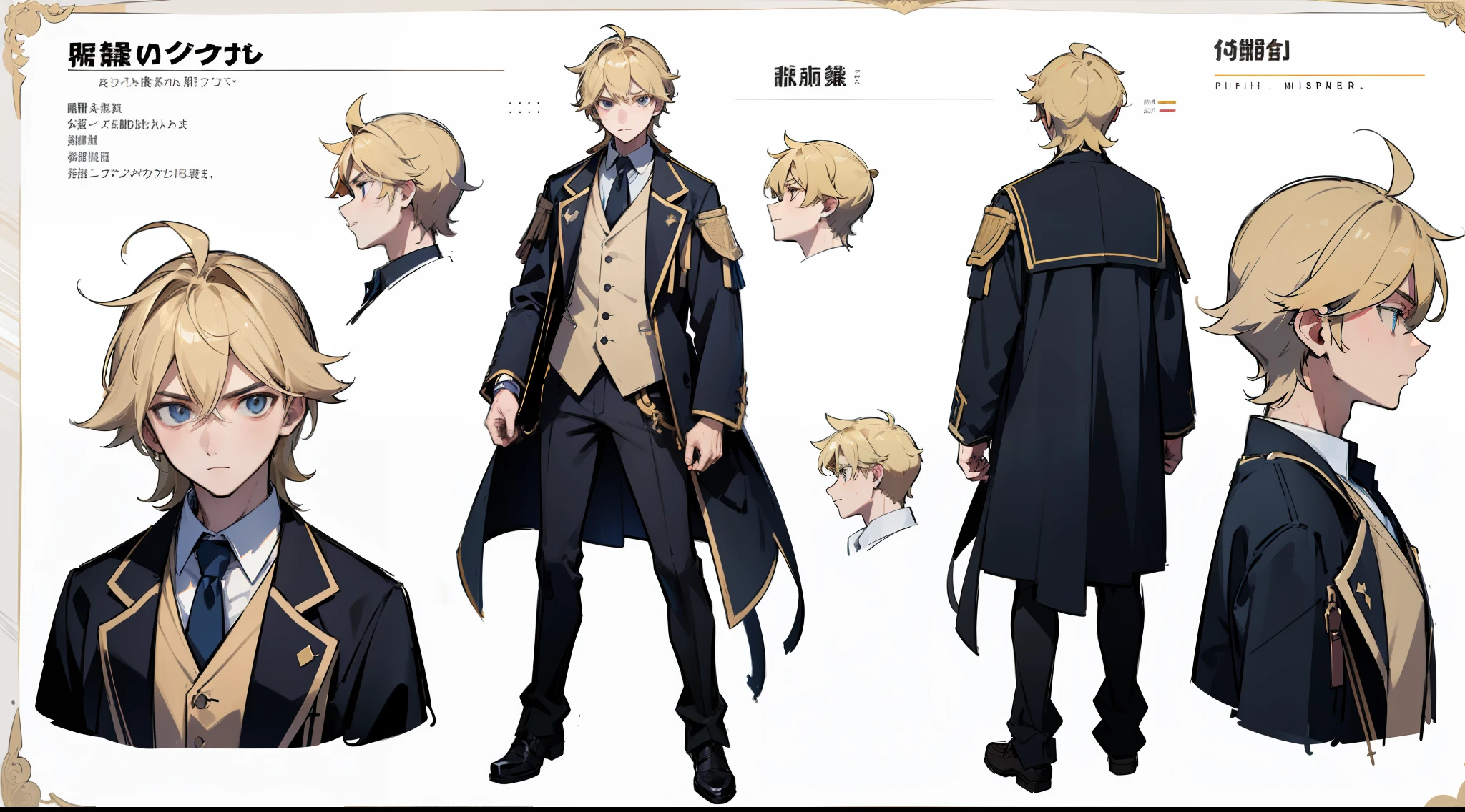 ((Masterpiece, highest quality)), detailed face, character sheet, Full body, full of details, multiple poses and expressions, highly detailed, depth, many parts, 1boy, school uniform, open jacket, long sleeves, short, messy hair, blond hair, serious