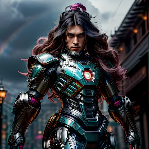 Full body length Photorealism of a ironman, wearing organza , with rainbow colored pig long jet tails hair , black and white victorian metallic armour, background city street victorian stylish epic photo, studio lighting, hard light, sony a7, 50 m
