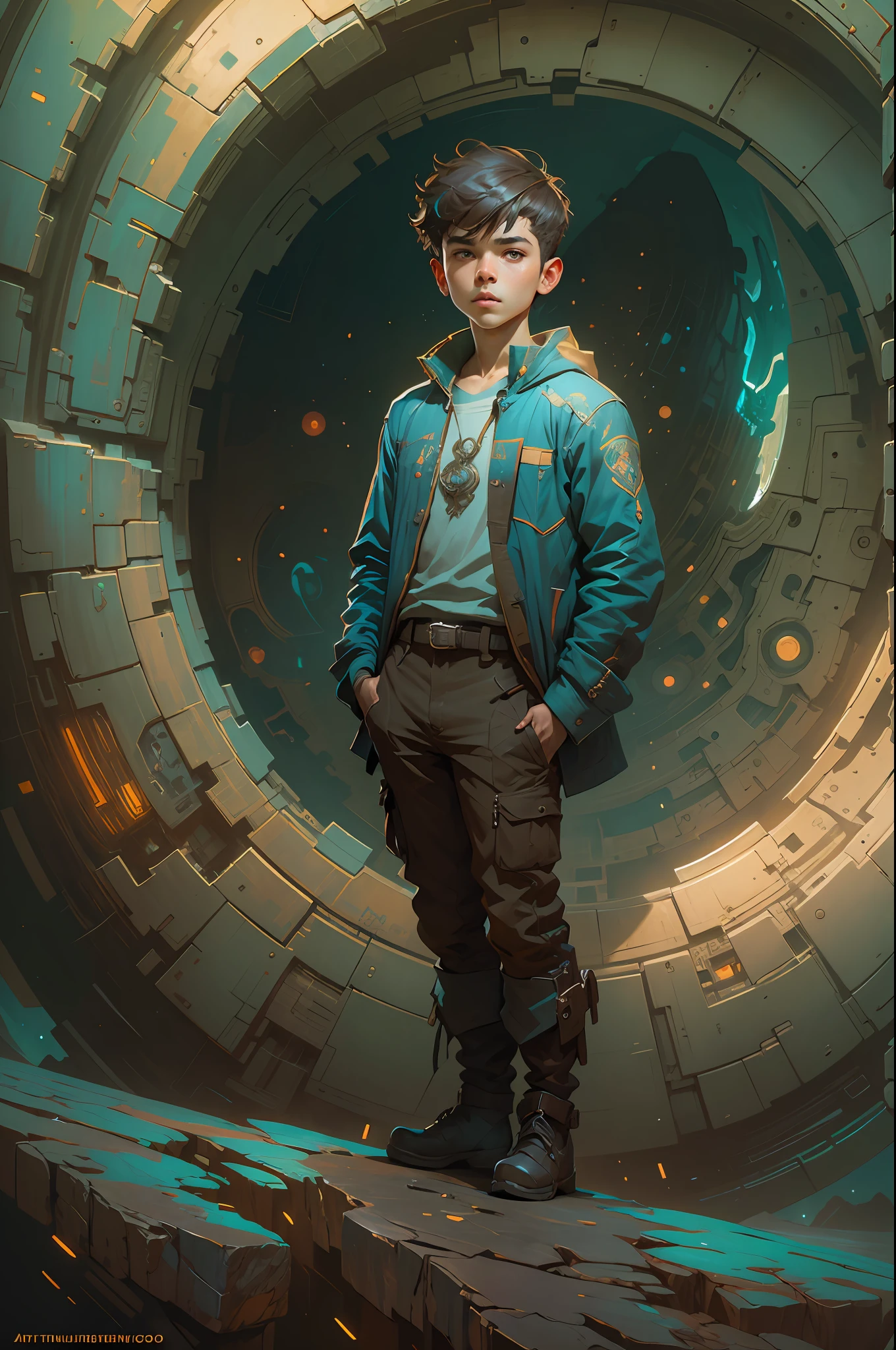 Portrait of a young handsome boy standing on a marvelous stone, standing gitl:1.2, (Low contrast ), colorfantasystyle， Oil painting on matte canvas, sharp detailed, the expanse scifi spacescape ceres colony, Intricate, Highly detailed, Digital painting, plethora of colors, smooth, Sharp focus, illustration, Unreal Engine 5, 8K, art by artgerm and greg rutkowski and alphonse mucha , art by midjourney