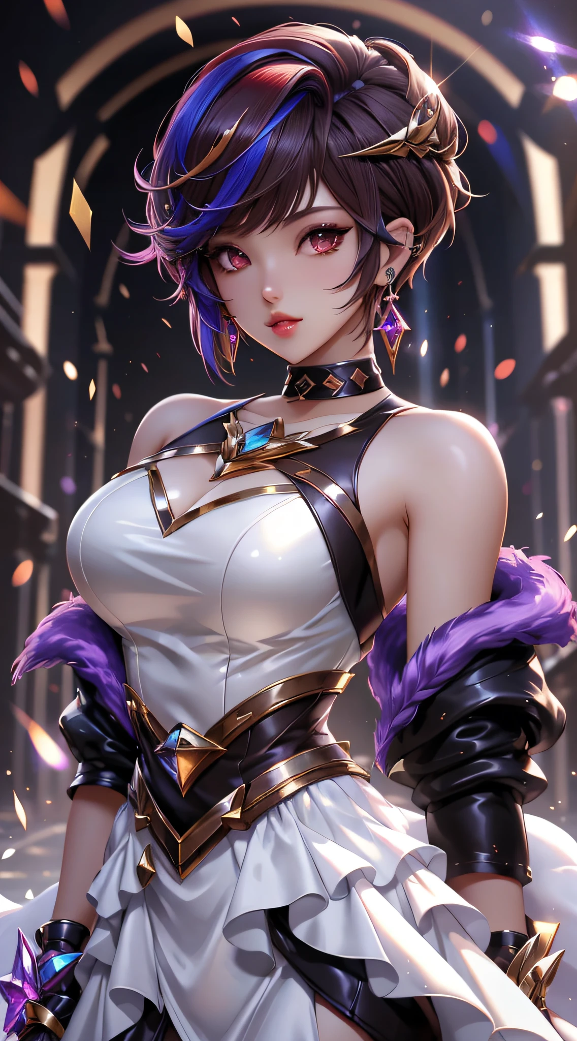 best quality, 1girl, solo, breasts, looking at viewer, kda, upper body,  multicolored hair bobbles, short hair,  white dress, brown eyes, GlassSteelAI ,detailed,