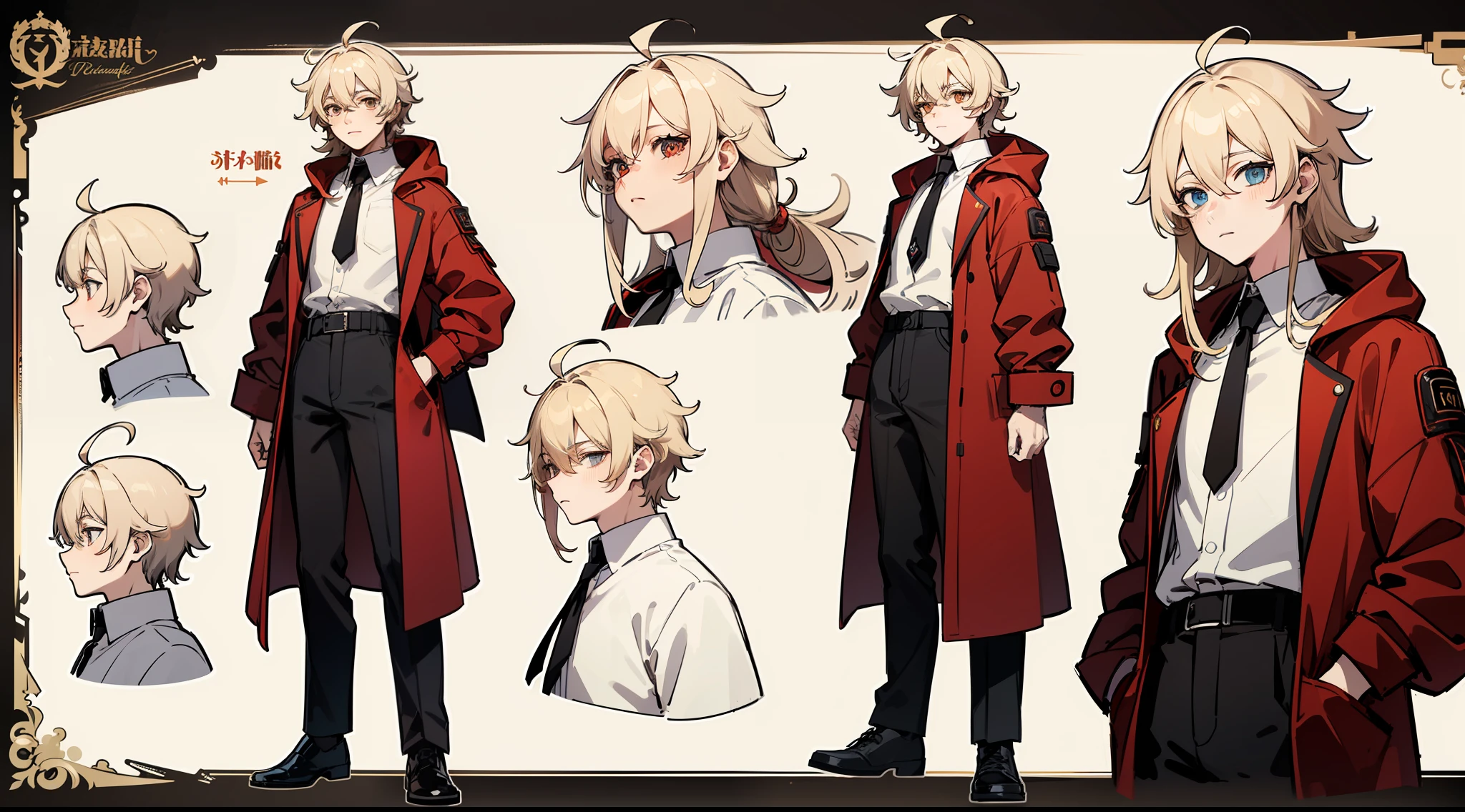 ((Masterpiece, highest quality)), detailed face, character sheet, Full body, full of details, multiple poses and expressions, highly detailed, depth, many parts, 1boy, young male, black loose pants, white shirt, red hooded jacket, long sleeves, curtained hair, messy hair, medium blond hair, hair intakes, ahoge,