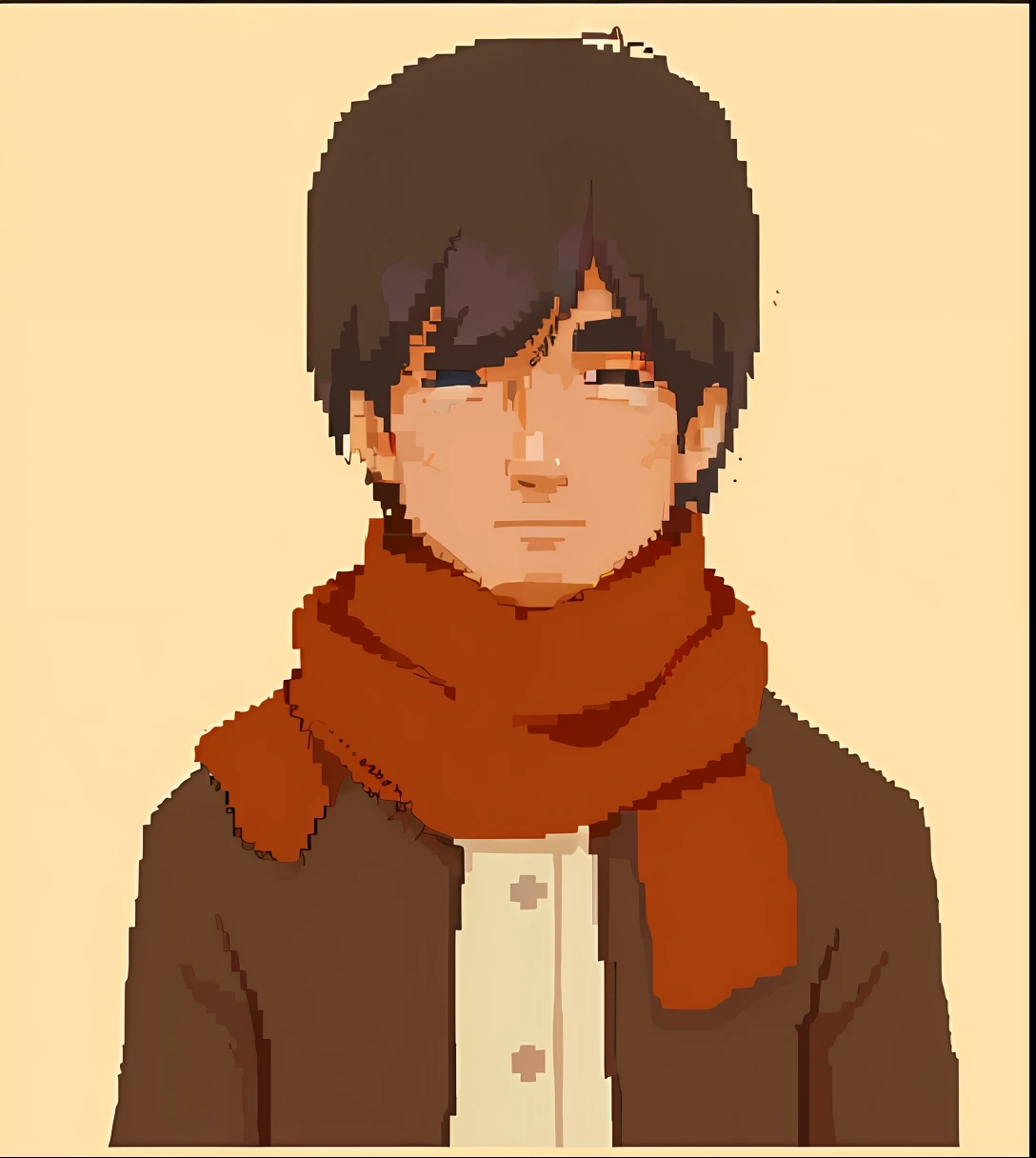 Pixel art of a man wearing a scarf and brown jacket, #pixelart:3, lofi portrait, Flat anime style, flat anime style shading, # pixelart, #pixelart, /r/pixelart, anime style character, visual novel sprite, he‘s wearing a red scarf, in an anime style, portrait pixel art drawing, young anime man, pixelart