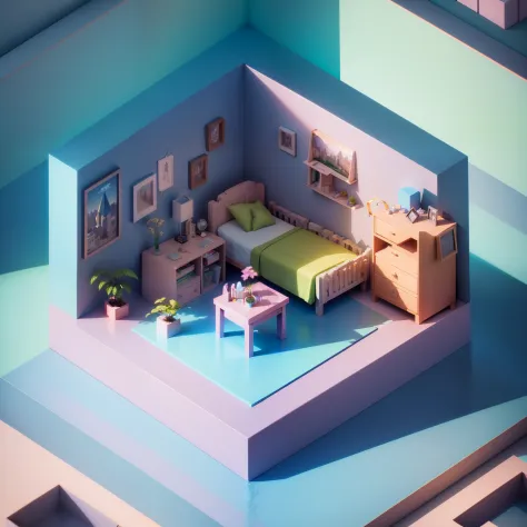 "(Isometric perspective:1.5),(pixar-style:1.2),There is a bed in the bedroom,sofe,table light,Study desk,janelas,wall paintings,3 d modelling,pink back ground,Global illumination,Ray traching,HDR,rendering,unreal render,best qualtiy,8k,"