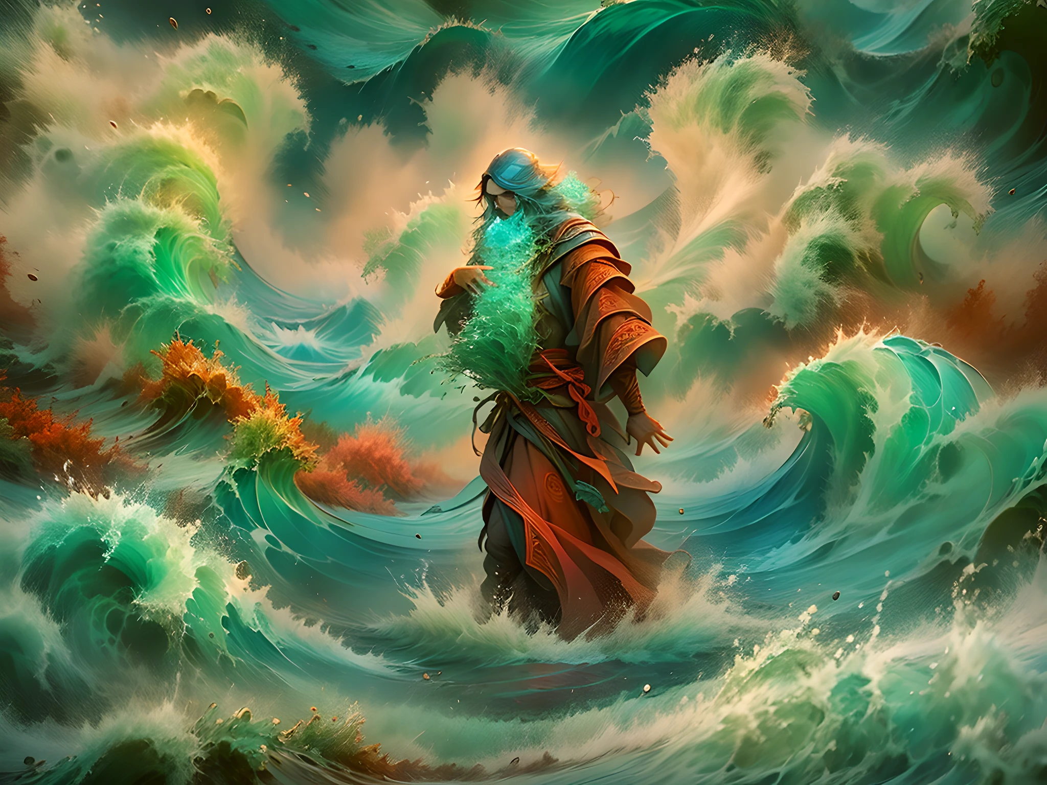 Moses parting the waters of the Red Sea surreal abstract waves variations of the waves front view stormy weather vivid colors and shallow tropical vibe