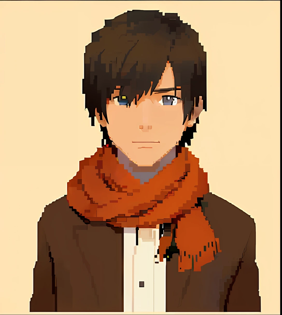 Pixel art de un hombre con bufanda y chaqueta marrón, #arte de pixel:3, retrato de lofi, estilo anime plano, sombreado plano estilo anime, # arte de pixel, #arte de pixel, /r/arte de pixel, personaje de estilo anime, sprite de novela visual, Lleva una bufanda roja, en un estilo anime, retrato pixel art dibujo, joven animado, arte de pixel