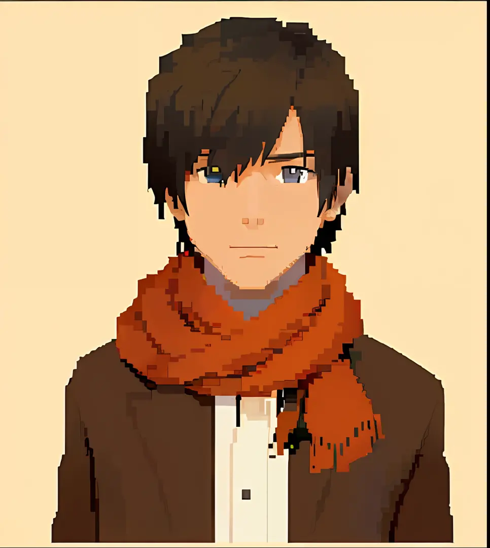 Pixel art of man wearing scarf and brown jacket, #pixelart:3, lofi portrait, Flat anime style, flat anime style shading, # pixel...