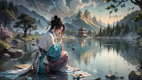 chinese ancient style, in the pavilion by the lake, a woman wearing traditional chinese traditional white hanfu, the woman sits ...