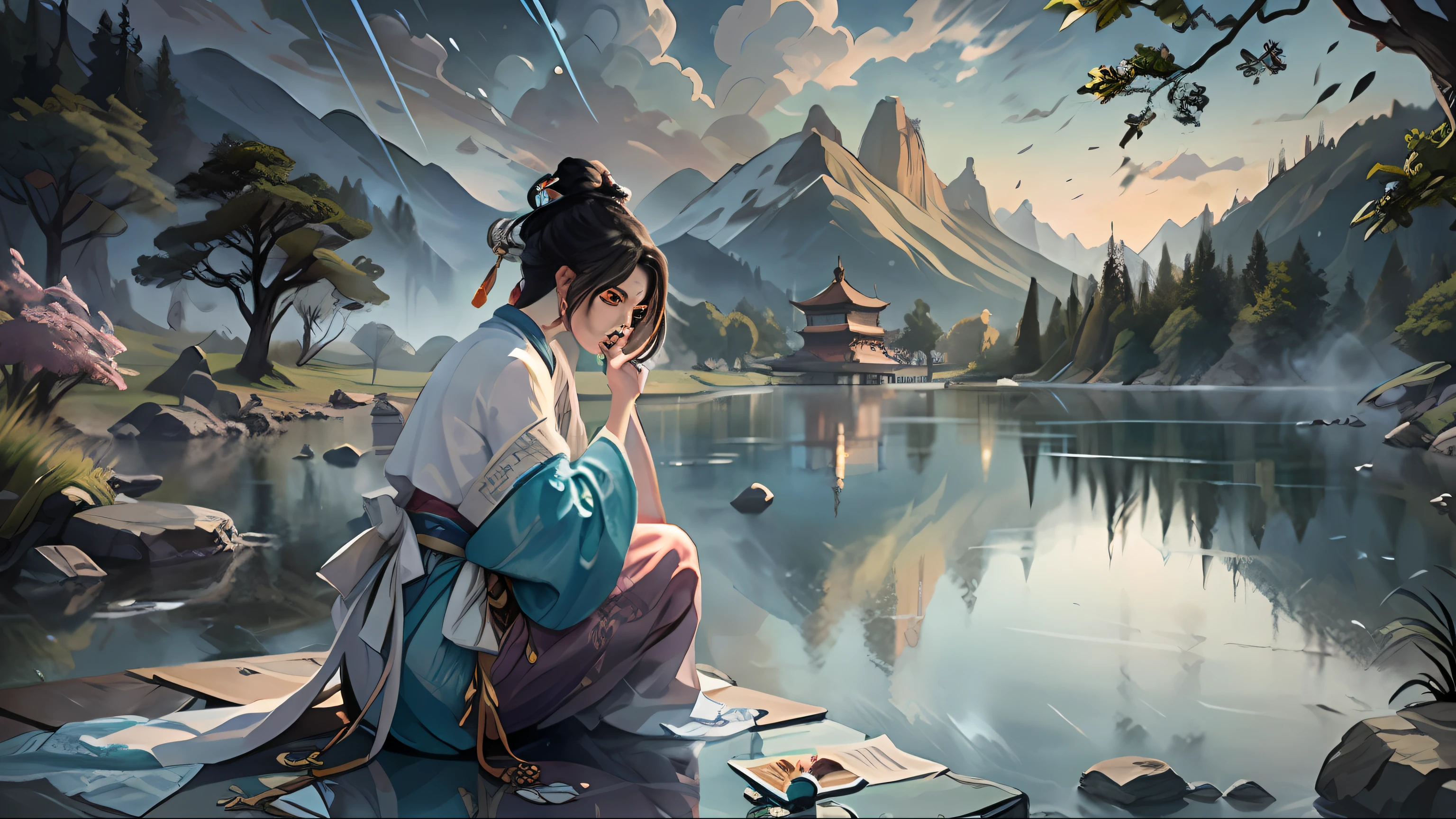 中国古代スタイル, 湖畔のパビリオンで, 伝統的な中国の伝統的な白い漢服を着た女性, 女性はパビリオンの椅子に座っています, 女性は湖を見ます, 背景の山面に高い塔が立っています, 湖にはたくさんの蓮の花があります, 湖の上に湖を渡る橋があります, 空は霧雨です, 雨がはっきりと見える, 女性を横から観察する, 女性はトランス状態になります,