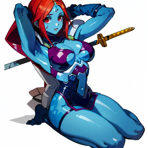 Close-up of a kneeling red-haired man,  videogame sprite, super nintendo game sprite, Drow, zero suit samus，a person，full bodyesbian，Naked female big breast，No clothing，Blue skin，Kneeling，The feet are pressed under the buttocks，Body forward，Side Body，Hands...