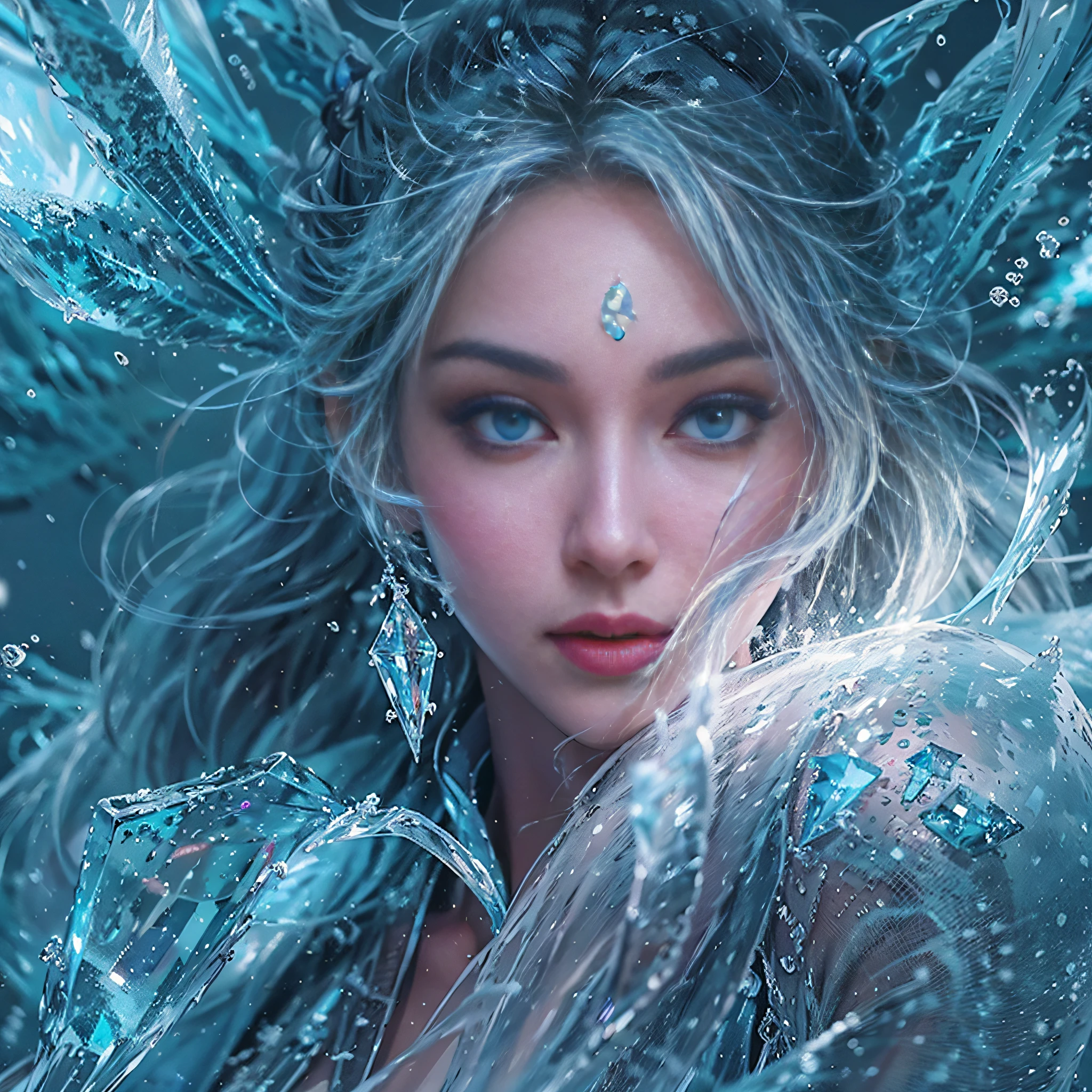 (((1girll)))，Imperial water，A magician，（Loose dress：1.5），（Perfect facial features：1.4），（Blue silk robe），（Mysterious magic formations：1.2），Blue glow，（Frost wings），(((Powerful ice magic)))，(((Icicles)))，Towering over the landscape，Blue light cold light，(((Ice storms)))，wind，((Flying snow ice and snow))，Amazing results，,best qualityer,tmasterpiece,Ultra-high resolution,finely detailled,Complicated details,8K resolution,8KUCG wallpaper,hdr,water blue,Magic Array,Cinematic lighting effects,lightand shade contrast，Ray traching、nvidia RTX