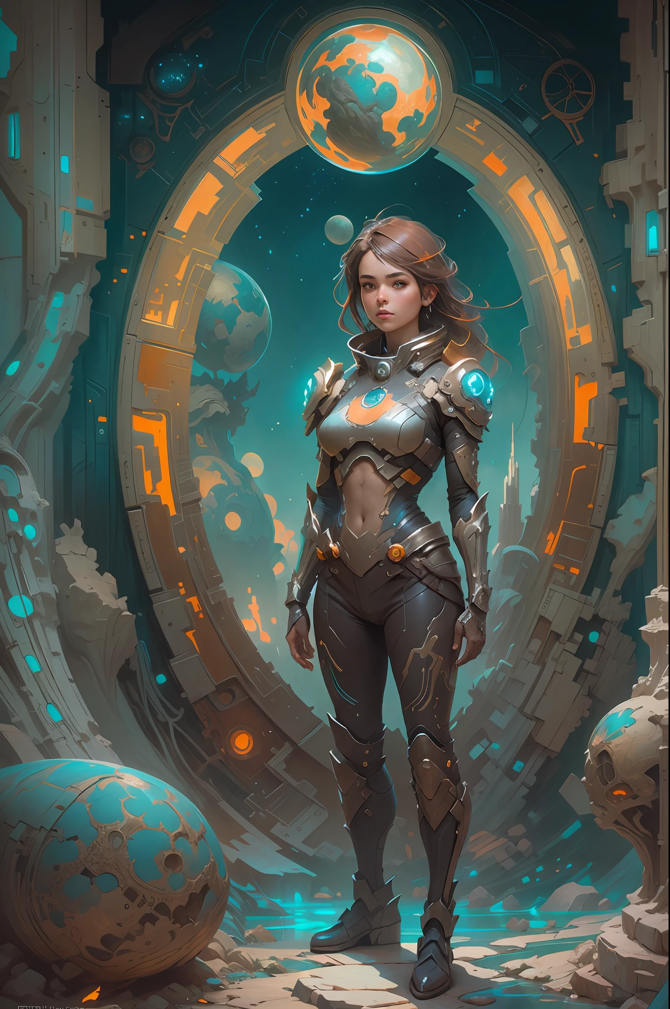 Portrait of a girl standing on a marvelous stone, standing gitl:1.2, (Low contrast ), colorfantasystyle， Oil painting on matte canvas, sharp detailed, the expanse scifi spacescape ceres colony, Intricate, Highly detailed, Digital painting, plethora of colors, smooth, Sharp focus, illustration, Unreal Engine 5, 8K, art by artgerm and greg rutkowski and alphonse mucha , art by midjourney