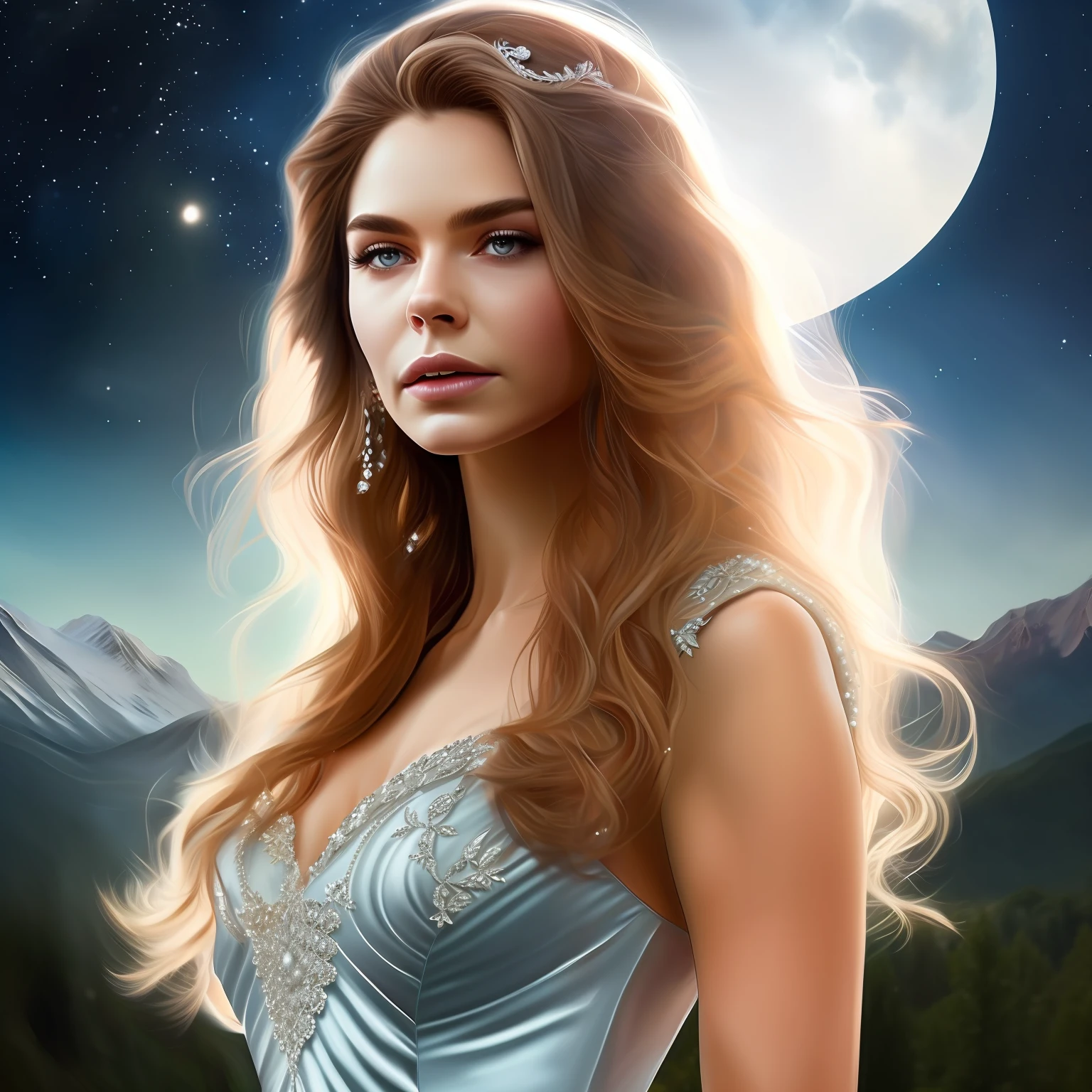 immerse yourself in the enchanting  of Prythian, where magic and wonder dance beneath a star-studded sky. At the heart of this breathtaking scene stands Feyre Archeron, adorned in a light blue gown that shimmers like moonlight ,The setting is the illustrious Starfall, a celestial event where faeries and mortals converge in a celebration of love and beauty. Feyre is positioned on a balcony overlooking the festivities, her face lifted towards the heavens. The vast expanse of the night sky stretches out before her, adorned with a multitude of twinkling stars that mirror the radiance within her eyes.in this wide-angle view, the artist captures the grandeur of the night, showcasing the sprawling gardens and delicate moonlit pathways that wind through the festivities. The atmosphere is ethereal, with soft, cool hues deftly capturing the otherworldly essence of the event.
Feyre's expression is one of awe and wonder as she takes in the breathtaking spectacle before her. Her  blonde hair, kissed by the moonlight, cascades down her back, framing her face like a crown. Her gown billows slightly in the gentle breeze, evoking a sense of movement and grace.The artist skillfully portrays the energy of the
