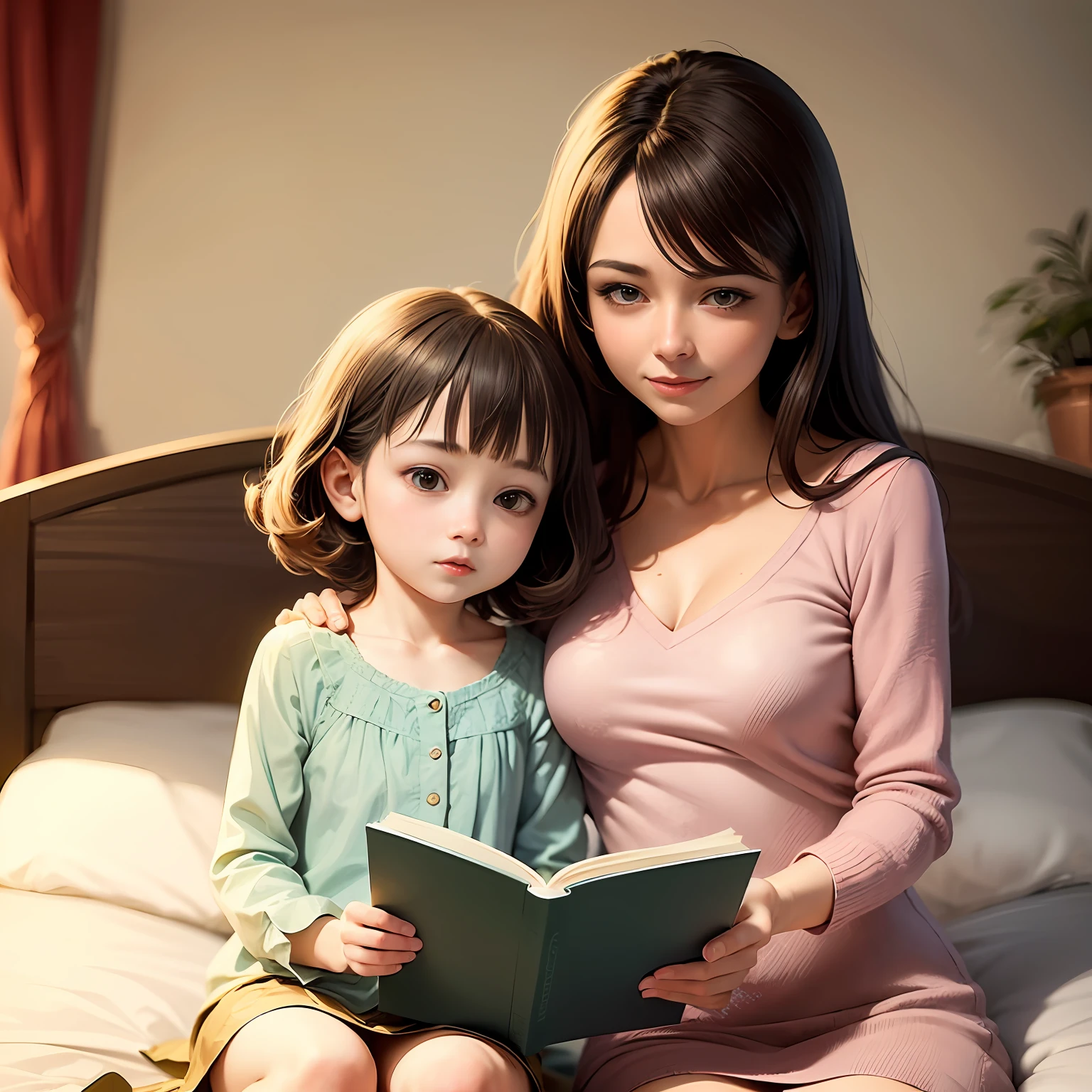 ((2 名女性)),媽媽看書 ,一個5歲的女兒,在床上,風格是童話插畫的風格