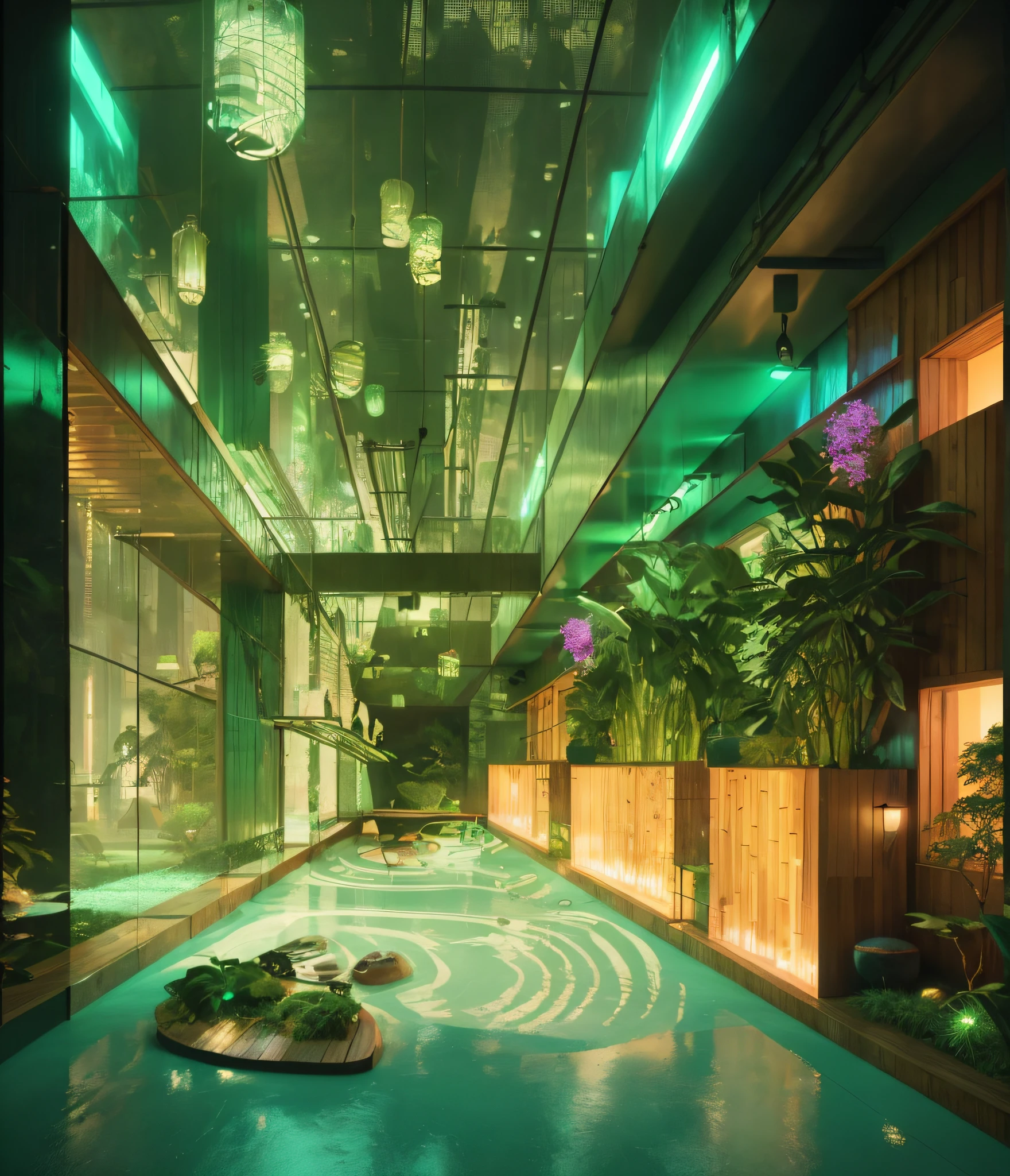 A photo of indoor garden, tropical garden, (minimalism style), lighten wood, indoors, exterior, trees, green architecture, lantern light, sand, bamboo, forest, architecture visualization, photography, 8k, masterpiece, ultra quality, (Meditation), relaxing, night light, no human, detailed garden scene of a neon lit (cyberpunk:1.4), futuristic garden, tooimage, retrofuturism interior design