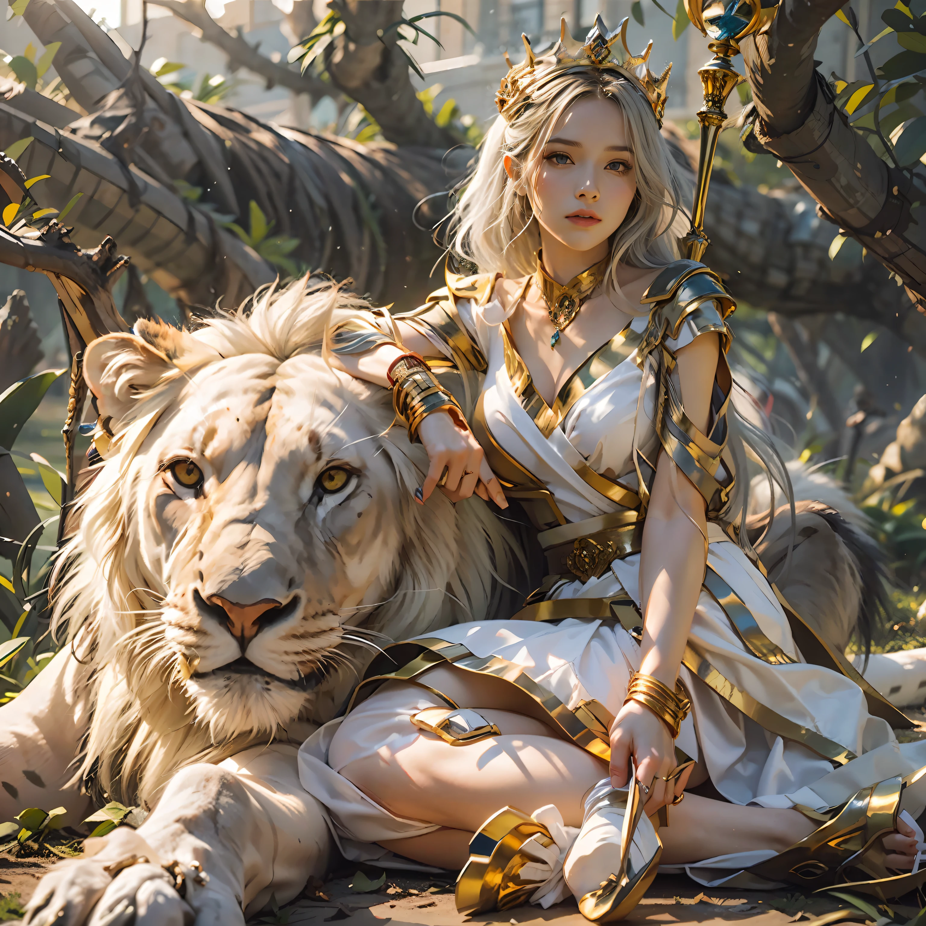 A beautiful female high school student，16 yaers old，（Wear a Japanese white high school uniform：1.5），（A huge white male lion lies next to the woman：2) ，（Endless green African savannah：2），(The woman sits on the king's golden throne：1.2)，（Long flowing silver-white hair flowing），The whole body glows，gazing at the camera，（The woman holds a golden scepter：2），（Front focus），Fantasyart，Piece realistic，Dynamic Lighting，art  stations，poster for，Volumetriclighting，Very detailed faces，16K，Award-Awarded