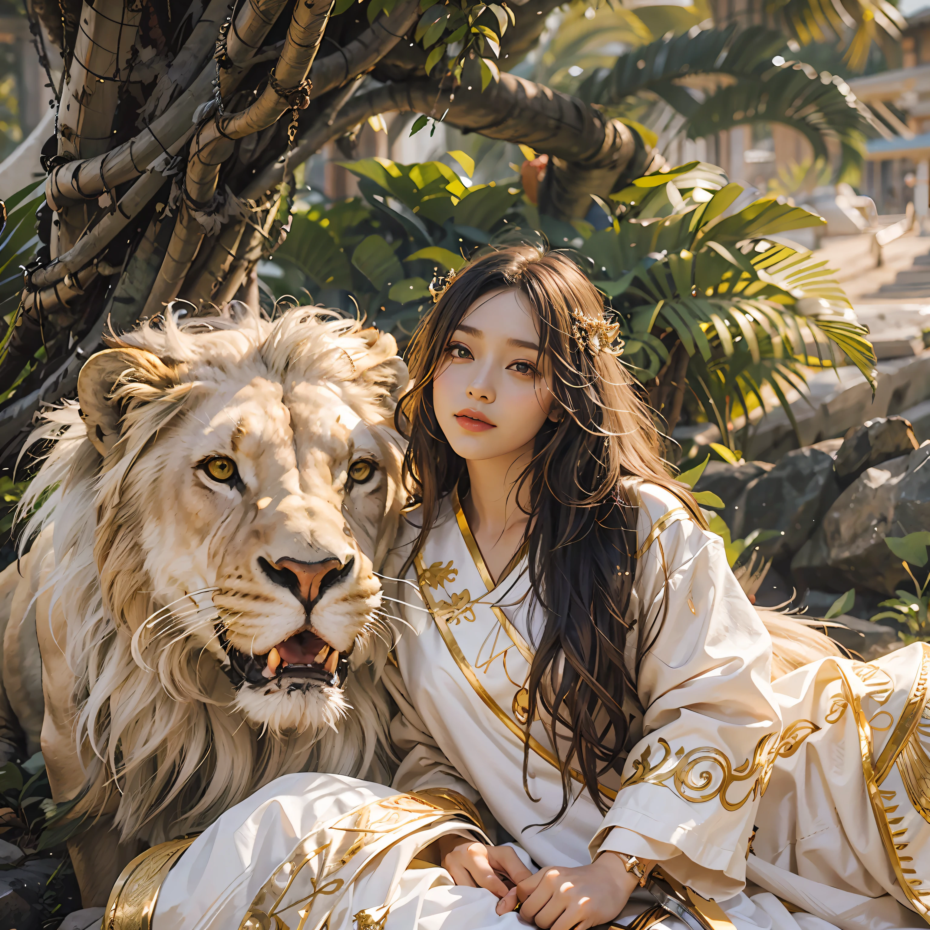 A beautiful female high school student，16 yaers old，（Wear a Japanese white high school uniform：1.5），（A huge white male lion lies next to the woman：2) ，（Endless green African savannah：2），(The woman sits on the king's golden throne：1.2)，（Long flowing silver-white hair flowing），The whole body glows，gazing at the camera，（The woman holds a golden scepter：2），（Front focus），Fantasyart，Piece realistic，Dynamic Lighting，art  stations，poster for，Volumetriclighting，Very detailed faces，16K，Award-Awarded