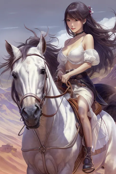 Nsfw, masterpiece, high resolution, face detailed, Japanese beautiful lady,  riding horse , western dessert background, outdoors, big pure  black horse. Wear white transparent shirt, no bra. Look through breast, No closeup. Hand bring weapon