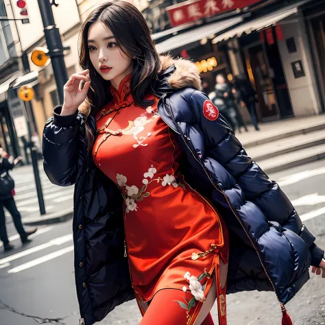 Beautiful Chinese woman,  (((silk red qipao))), wearing a( very tight and short) navy blue ((silk))  puffer coat, photorealistic...