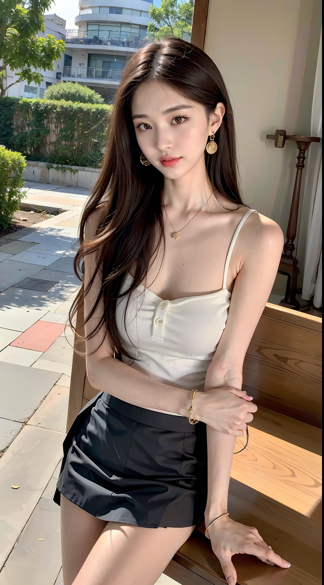 A woman in a white top and black shorts posing for a picture - SeaArt AI