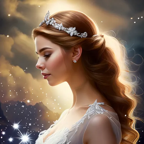 immerse yourself in the enchanting  of Prythian, where magic and wonder dance beneath a star-studded sky. At the heart of this breathtaking scene stands Feyre Archeron, adorned in a light blue gown that shimmers like moonlight ,The setting is the illustrio...