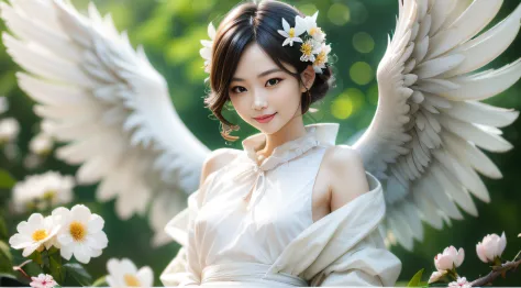 beautiful angel woman、beautiful white wings、soaring petals、hozue、look at a camera、kindly smile、a detailed face、flat_chest、tiny_b...