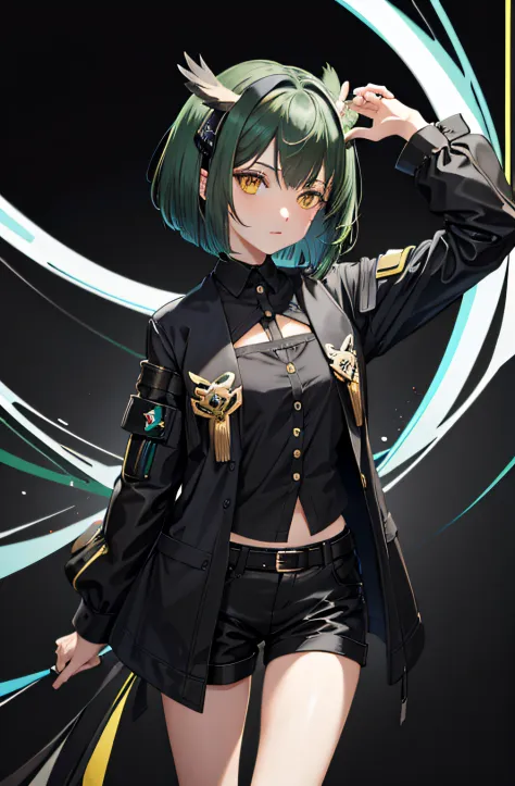 "a owl girl female character with bob cut dark green hair, dressed in arknights-inspired attire. she is depicted in a frontal vi...