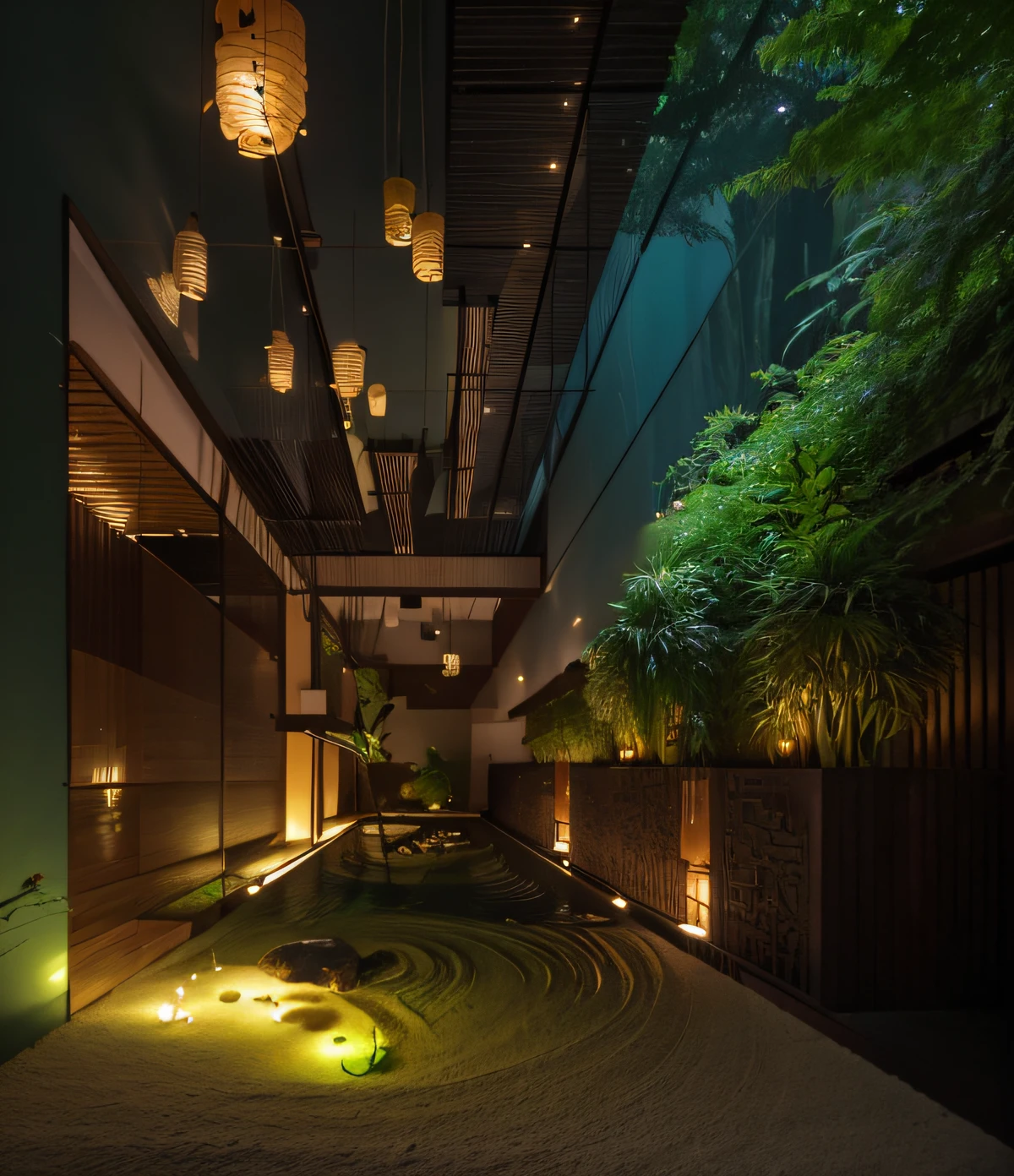 cave interior, a photo of indoor garden, tropical garden, (minimalism style), lighten wood, indoors, exterior, trees, green architecture, lantern light, sand, bamboo, forest, architecture visualization, photography, 8k, masterpiece, ultra quality, (Meditation), relaxing, night light, no human