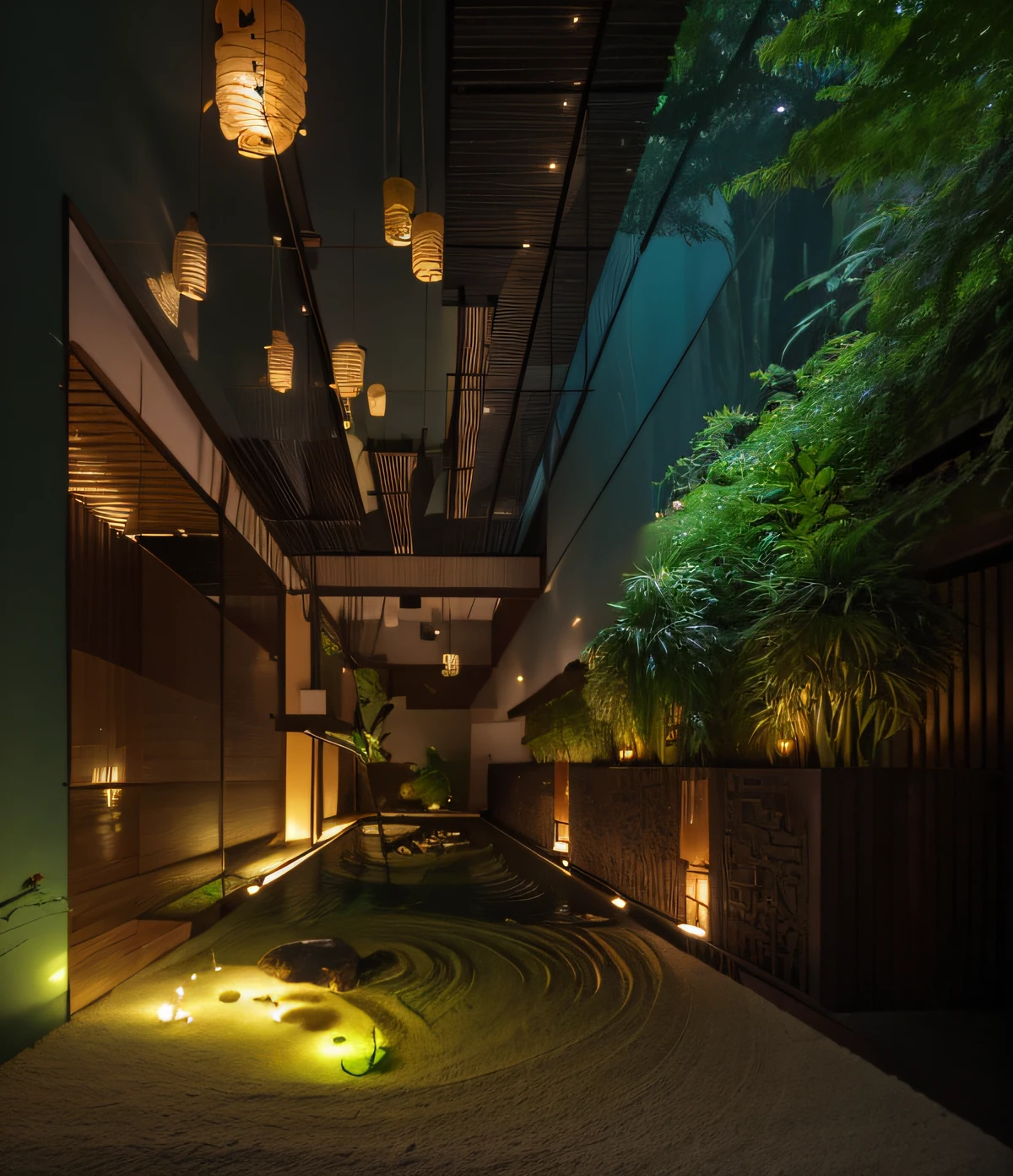 cave interior, Uma foto do jardim interno, jardim tropical, (estilo minimalista), clarear madeira, dentro de casa, exterior, árvores, arquitetura verde, luz da lanterna, areia, bambu, floresta, visualização de arquitetura, fotografia, 8K, obra de arte, ultra qualidade, (meditação), relaxante, luz noturna, nenhum humano