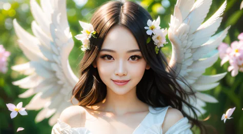 beautiful angel woman、beautiful white wings、soaring petals、hozue、look at a camera、kindly smile、a detailed face、flat_chest、tiny_b...