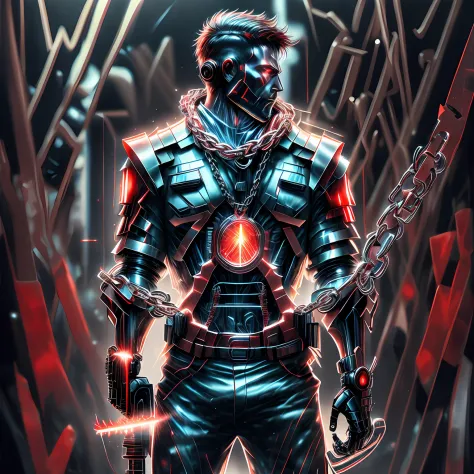 Dark Fantasy, Cyberpunk, Mechanical Marvel, Chain Saw, Chain Saw Man, Red:1.1, Cybernetic Guardian, Robotic Presence, 1 Person