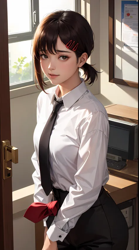 masterpiece, best quality, ultra-detailed, illustration, epic lighting, cinematic composition, isometric, 1girl, solo, cute, brown eyes, black hair, swept bangs, single sidelock, red hairclip, white collared shirt, black necktie, black pants, formal, encha...