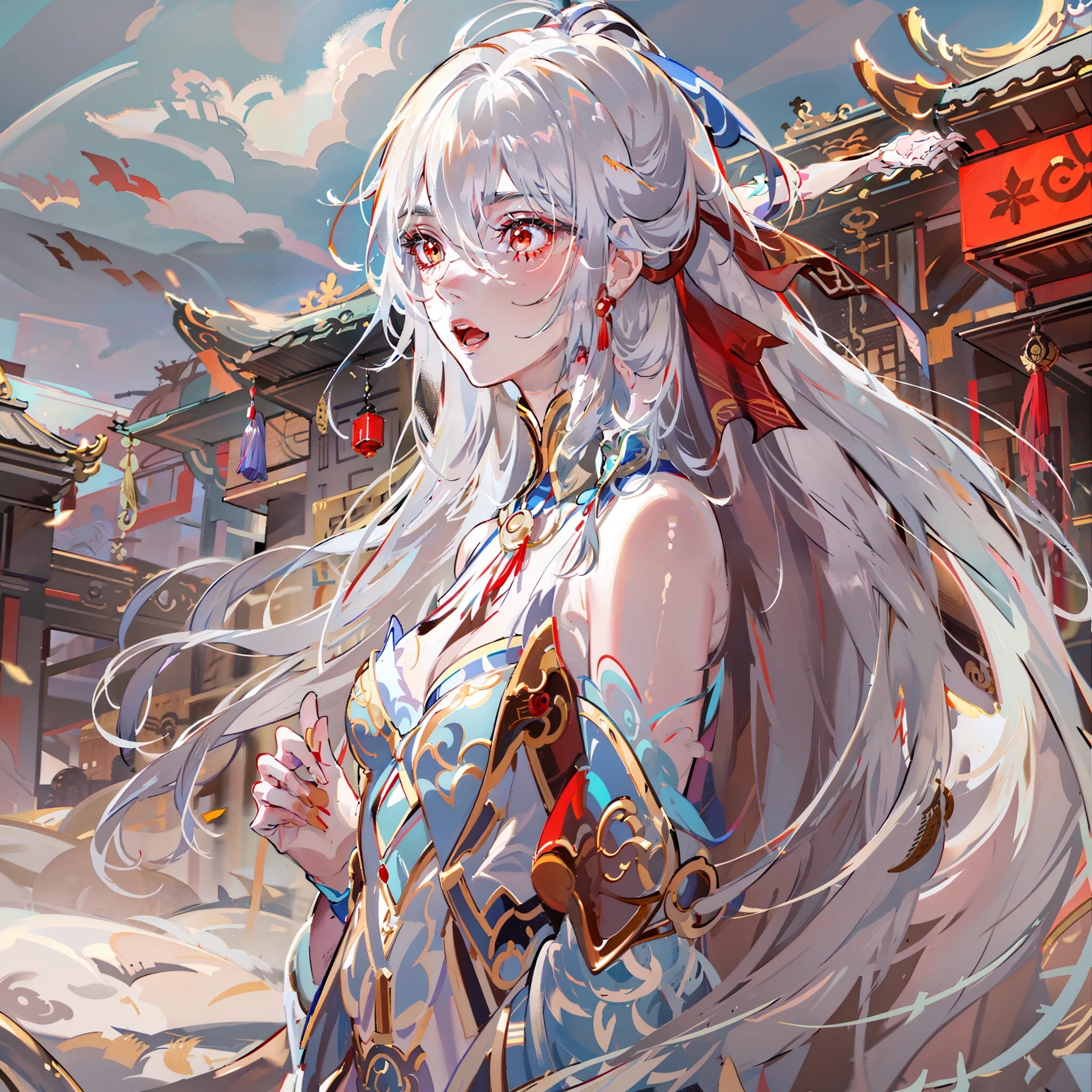 jingliuV4，Unbeatable masterpiece, extraordinary, Incredible, Exquisite, Perfect artwork, perfect women figure, Perfect anatomy, Unique, red color eyes，long  white hair，arm behind back，China-style，small town