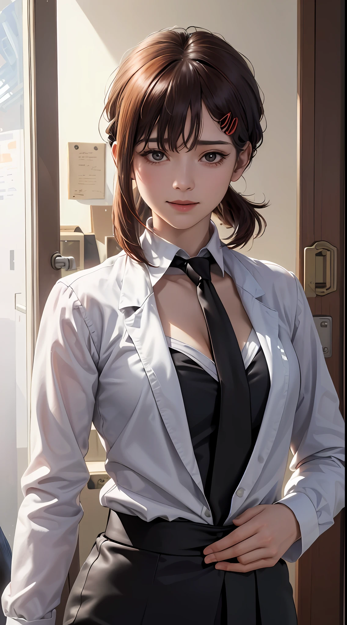 tmasterpiece，best qualtiy，ultra - detailed，illustratio，epic lighting，cinematic compositions，isometry，1girl，solo，adolable，cleavage，with brown eye，black color hair，sweeping bangs，single hair，red hair clips，blouse with a white collar，black necktie，Black pantsuit，formal，a captivating gaze，captivating posture，inside in room，office room，doors，Open the door，looking at viewert，peeking out upper body，Be red in the face，seduct smile，Shut your mouth，(8K:1.1),