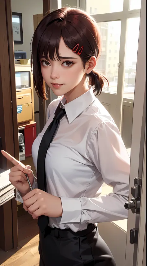 tmasterpiece，best qualtiy，ultra - detailed，illustratio，epic lighting，cinematic compositions，isometry，1girl，独奏，adolable，cleavage，with brown eye，black color hair，sweeping bangs，single hair，red hair clips，blouse with a white collar，black necktie，Black pantsui...