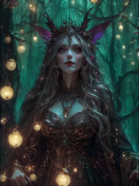 highestquali，tmasterpiece：1.2，detailed details，a full body image of a beautiful forest witch dressed in ornamental ritual gown, ...