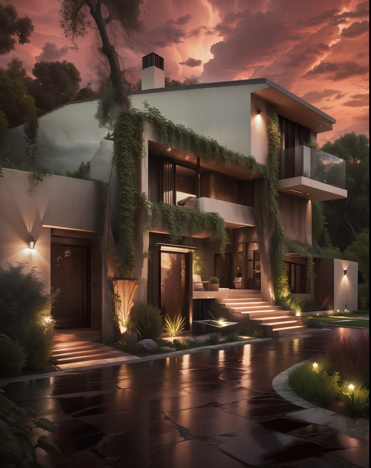 cinematic archviz design modern retrofuturistic villa with garden, sandstone old natural treebark asphalt, still life, evening suset, stormy clouds