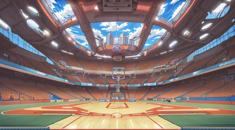 there is a basketball court with a sky background and a basketball court, arena background, volley court background, anime scene...