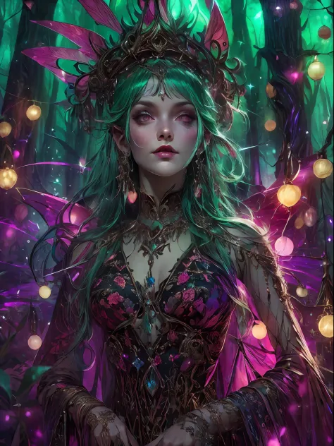 HighestQuali，tmasterpiece：1.2，Detailed details，Full body image of a beautiful forest witch in a decorative dress, Witch fashion,...