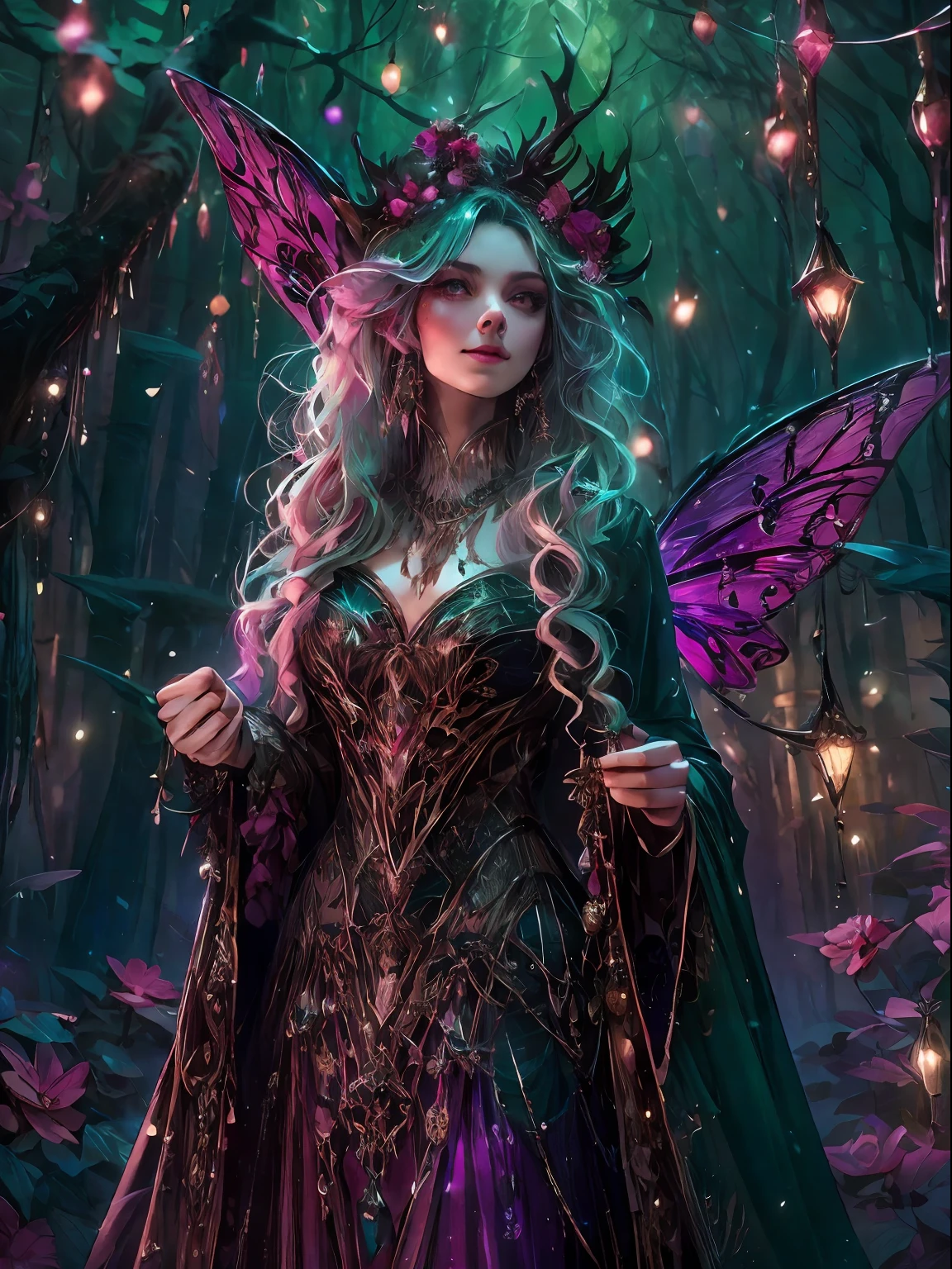 최고Quali，걸작：1.2，자세한 내용，장식용 드레스를 입은 아름다운 숲 마녀의 전신 이미지, 마녀 패션, 역동적인 포즈, 요정 불빛, 초현실적, 극대주의자, 미친듯이 디테일, 4K