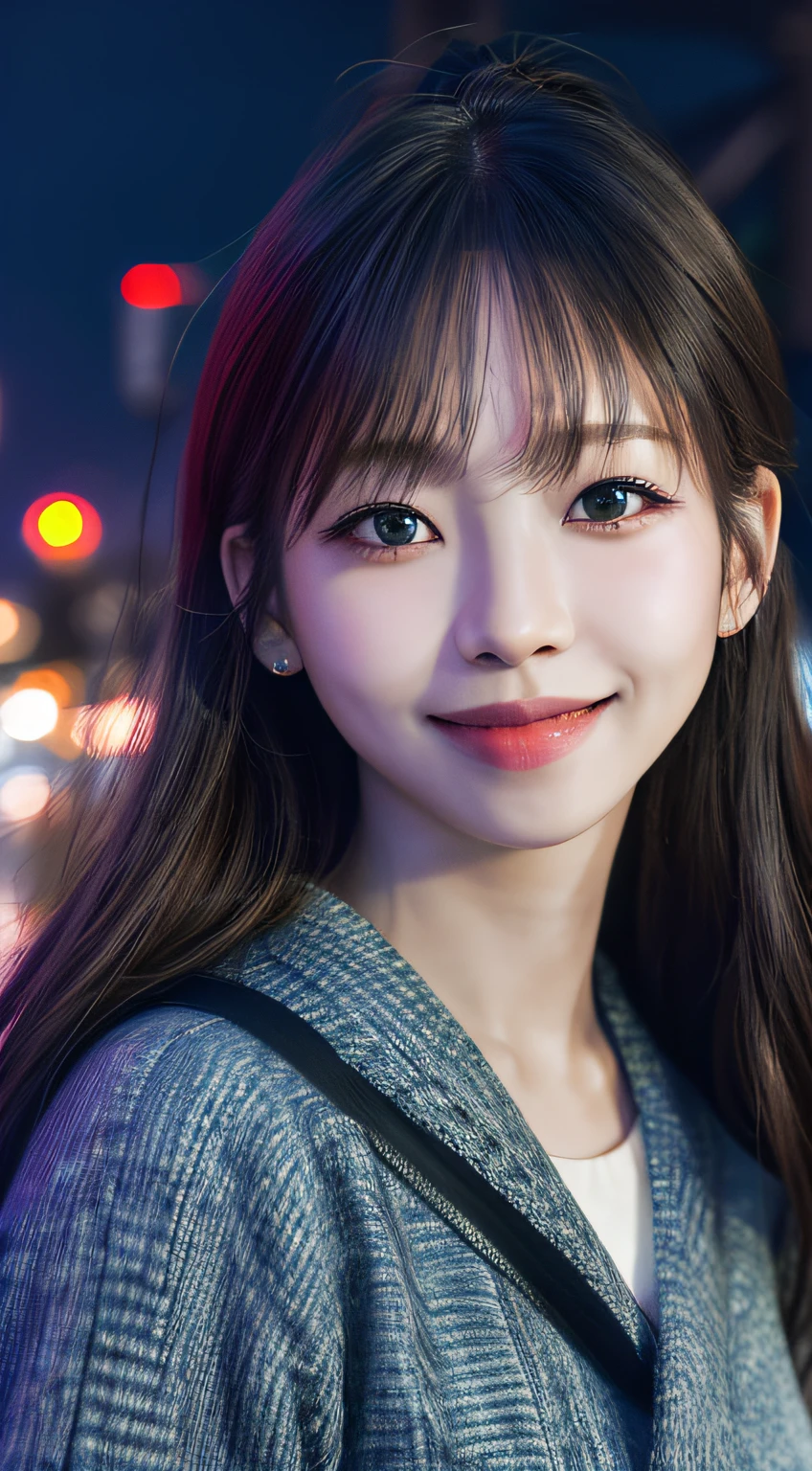 1girl, Tokyo street,night, cityscape,city lights,upper body,close-up,smile,, (8k, RAW photo, best quality, masterpiece:1.2),(realistic, photo-realistic:1.37),